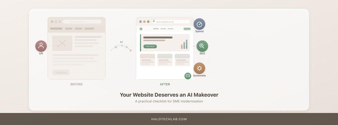 Before and after browser mockups of an SME website, the newer one tagged with speed, SEO and automation gains