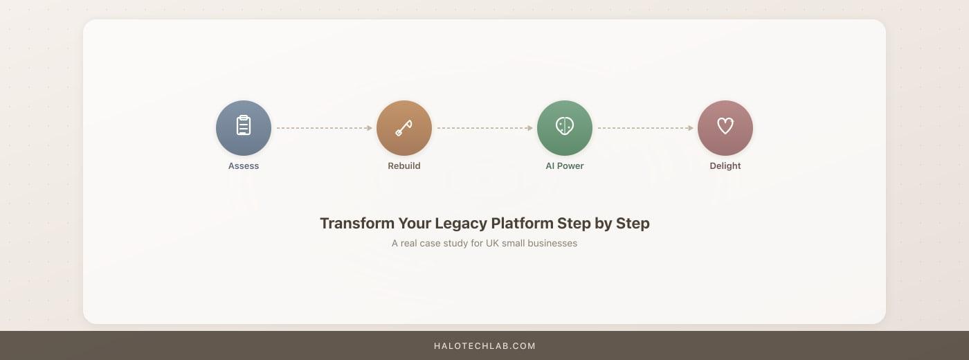 Four-step flow from assess to rebuild to AI power to delight, captioned Transform Your Legacy Platform Step by Step